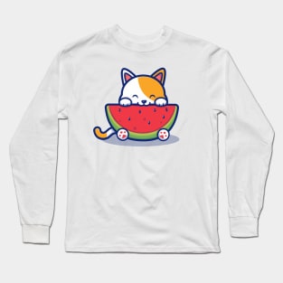 Cute Cat Eating Watermelon Long Sleeve T-Shirt